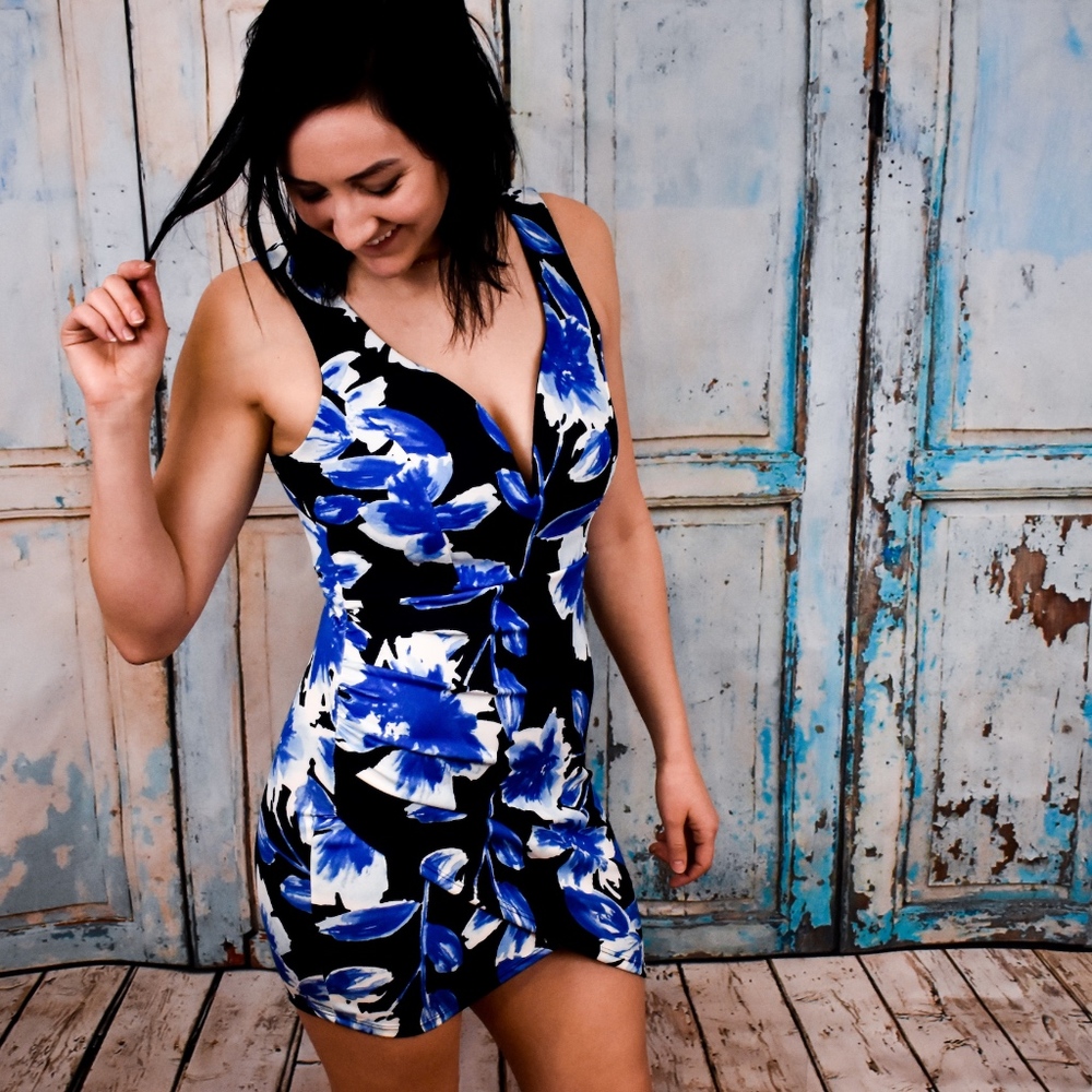 Plunge Floral Wrap Bodycon Mini Dress